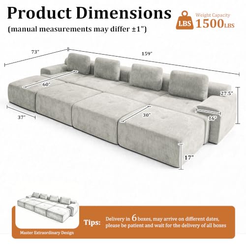 Image of 159 inch Oversized Boneless Couch, Comfort Cloud Sectional Couches for Living Room, Modular Sofa High Back & Extra Deep Seat, No Assembly, Soft Chenille Fabric (Light Grey, 159 inch-(4+4))