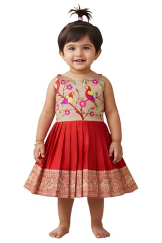 Image of South Indian Traditional Pattu Pavadai Jacquard Frock Dress for Baby Girls