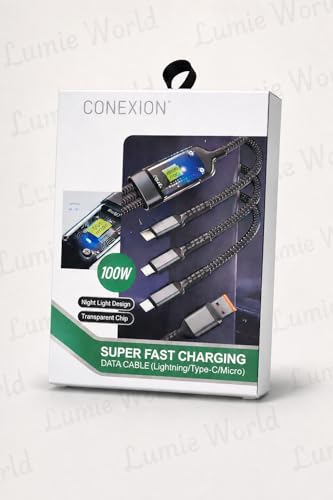 Image of 3 in 1 Fast Charging Cable 100W, USB to Type C + Lightning + Micro USB, Braided Multi Charging Cable for iPhone, Samsung, OnePlus, Xiaomi & Android Devices, Universal Charger Cable, 1.2M