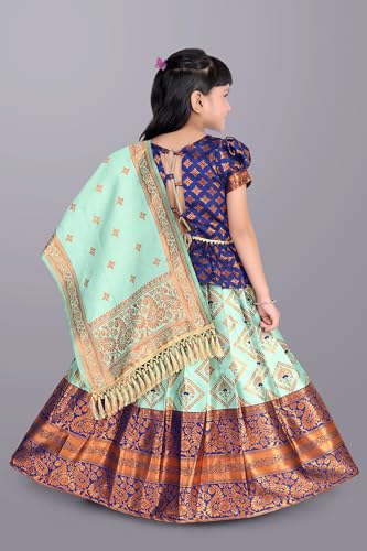 Image of Girls Pattu Pavadai Ready to Wear Lehenga, Blouse & Dupatta Set - Heavy Jacquard Fabric, Fully Stitched