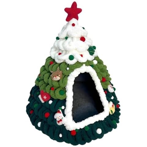 HappyERA Handmade Felt Christmas Tree Cat House, Cute Christmas Cat Bed Pet Cave Cat Nest Kitten Hut Hideout Warm Cat Condo Tents in Winter - Green+White Cover