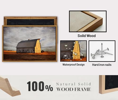 Image of Old Barn Canvas Wall Art Vintage Farmhouse Wall Decor Western Country Landscape Canvas Prints Sunset Farm Field Scenery Painting Neutral Rural Artwork for Living Room Bedroom Home Decorations 16x24 inch