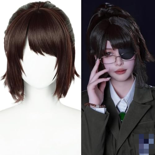 Image of HangeZoe Cosplay Wig Short Anime Dark Brown Ponytail Wig with Bangs | Deep Brown Giant Costume Wigs Synthetic Hair for Women Halloween Party
