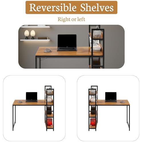 Image of Callas Computer Desk with Bookshelf - Modern Industrial Study Table with Storage Shelves for Home Office, Bedroom, or Study - Space-Saving Laptop Workstation Desk (ST-20-Walnut) (Walnut, ST-20)