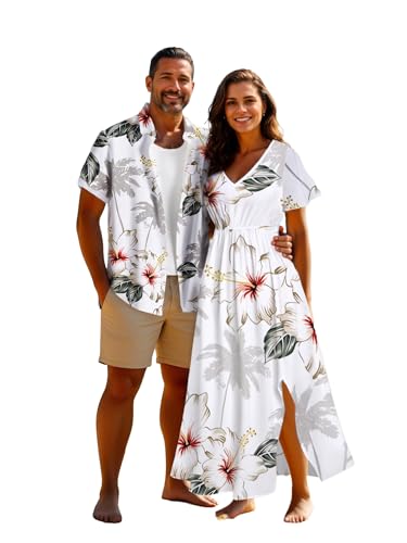 Image of Matchable Couple Hawaiian Sea Beach Starfish Turtle Shell Print Shirt or Plus Size Midi Split A Line Dress