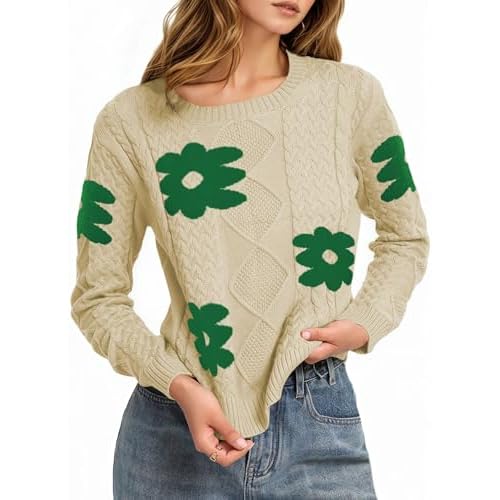 Cakulo Womens Lightweight Fall Pullover Sweaters Cable Knit Crew Neck Sweater Tops 2025 Trendy Outfits X-Large Floral-khaki