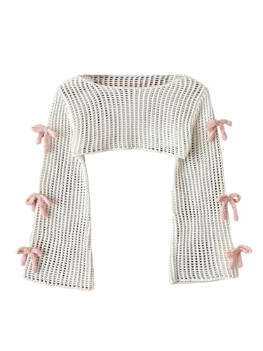 Floerns Girl's Cute Bow Long Sleeve Hollow Out Sweater Boat Neck Cover Up Cropped Top