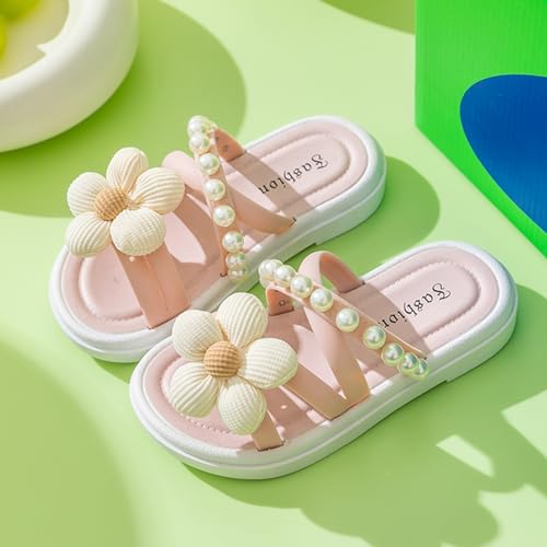 Girls Slippers Kids Toddler Cute Flower Pearls Criss Cross Straps Flats Summer Beach Outdoor Open Toe Slides Sandals3