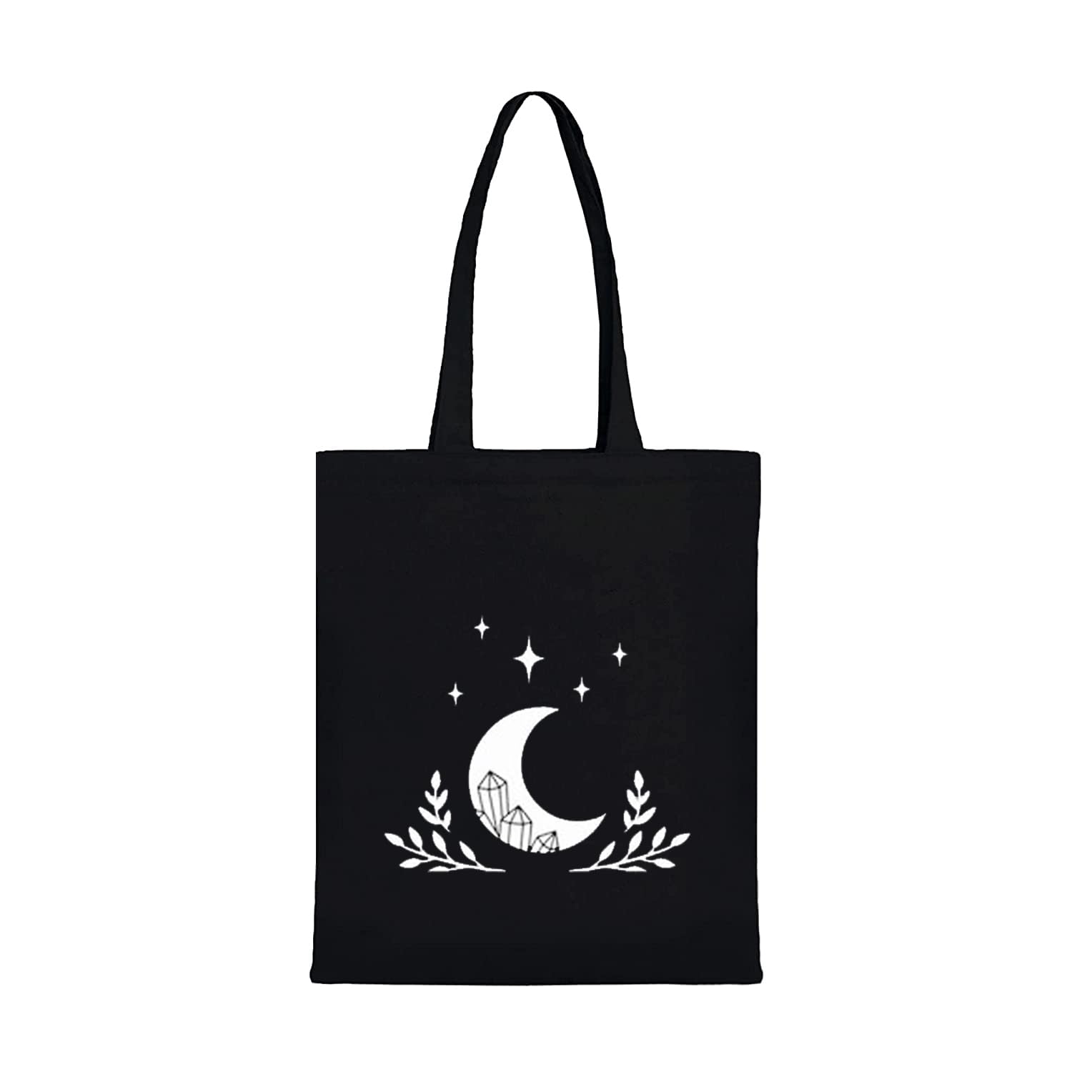 Black Canvas Tote Bag for Women | Printed Multipurpose Cotton Zipper Bags | Cute Hand Bag for Girls (Moon Print)