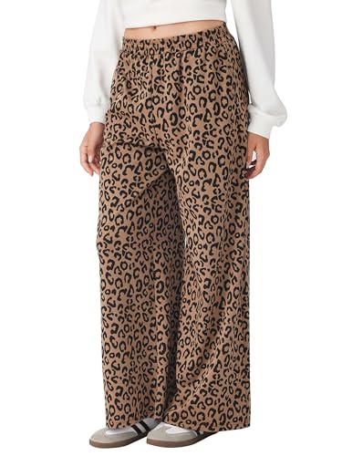 Image of CIDER Women Leopard Print Wide Leg Lounge Pants Sweatpants Elastic Waist Casual Trousers with Pockets