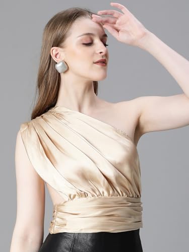 Image of oxolloxo Women Solid Elasticated One-Off Shoulder Satin Crop Top