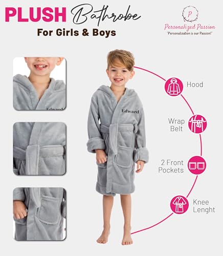 Personalized Kids Night Robe with Name - Custom Embroidered Bathrobe with Hood, Pockets & Belt - Fleece Robe for Boys & Girls3