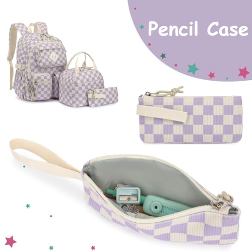 Corduroy 3-Piece Backpack Set for Girls Boys School Bookbag, Kids Backpacks with Lunch Box and Pencil Case (Ages 8-18)-Purple Checkered4
