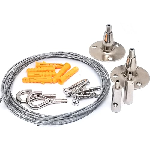Image of 2sets Adjustable Hanging Wire Kit-2pcs 1.5meter /59.1in Stainless Steel Wire Rope+2pcs Spring Hook Hanging Disc-2sets Portable Hook & Eye Turnbuckle Tension for Furniture, Lamp,Picture(Silver)