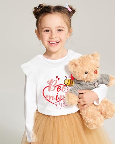 Image of Tkria Valentine Girl Shirt Love Heart Bees Dinosaurs Kisses and Hugs Ruffle Long Sleeve Tee Top 1-7 Years