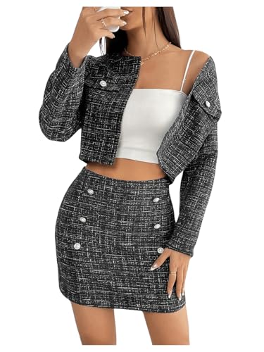 Floerns Women's 2 Piece Outfit Plaid Print Open Front Jacket and Bodycon Skirt Set4