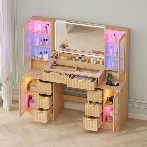 Image of Fluted Makeup Vanity Desk with Mirror and Lights, 55 inch Glass Top Vanity with 8 Drawers & 4 RGB Glass Cabinets, Adjustable Shelves & Power Outlet, Modern Dressing Table Set for Women Girls Bedroom
