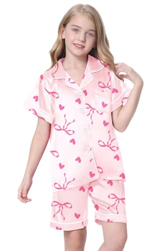 Image of Schbbbta Girls Womens Pajamas, Satin Silky Pjs Set Kids 2Pcs Button-Down Nightwear Sleepwear Gift for Mommy and me
