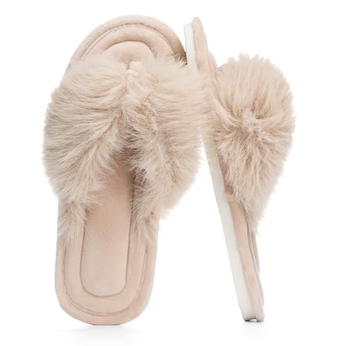 Womens Fuzzy Slippers with Box Memory Foam Soft Gifts for Women Mom Ladies Open Toe Fluffy Faux Fur Flip Flop Thong Slippers Bedroom Indoor Slides Shoe Birthday Valentines