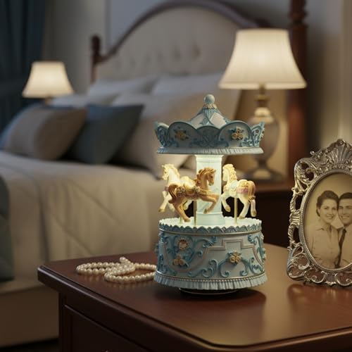 Mr.Winder Elegant Blue Carousel Music Box Handcrafted Rotating Horses & Floral Details Musical Figurine for Birthdays Christmas Valentines Day Birthday Home Dcor Plays You are My Sunshine Tune