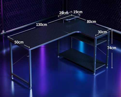 ODK ゲーミングデスク l字 パソコンデスク 幅130 机 デスク desk 棚付き 在宅勤務 pcデスク 桌子 勉強机 L字型 組立簡単 カーボンブラック 右棚