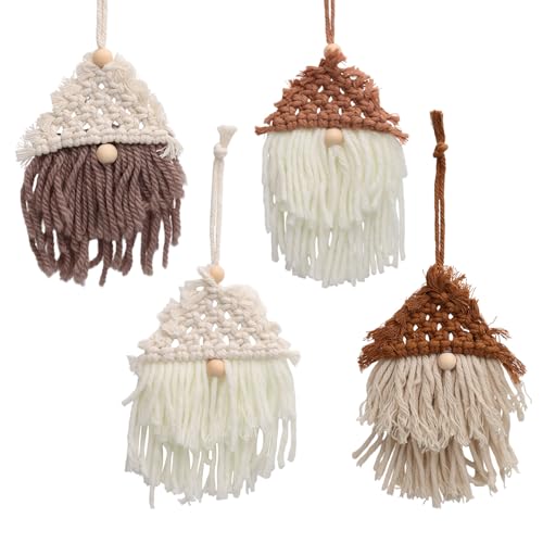 4pcs Hand Knitted Christmas Gnome Macrame Ornaments, Boho Christmas Decorations Knitting Gnome Christmas Tree Hanging Ornaments Farmhouse Xmas Decor Crafts for Indoor Outdoor Adults Xmas Tree