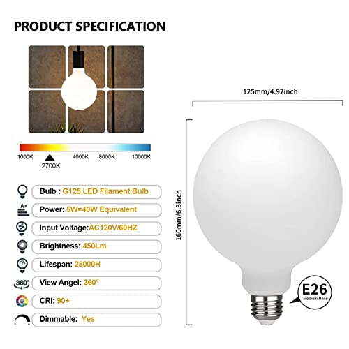 Emitting G40(G125) 4.5W Globe Led Edison Light Bulb, Soft White 2700K, Cri95 Dimmable 450Lm, E26 Medium Base, Milky Glass Finishing, Perfect For Vanity Makeup Mirror, Droplight, Floor Lamp 2 Pack #TOP1
