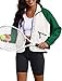 ReachMe Womens Fleece Jacket Cropped Sherpa Jackets Casual Long Sleeve Button Down Winter Coats 2025 Colorblock Fall Outfits(White Green,L)