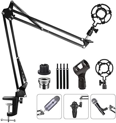 Upgraded Adjustable Microphone Suspension Boom Scissor Arm Stand with Shock Mount Mic Clip Holder 3/8’’ to 5/8’’ Screw Adapter -for Blue Yeti, Snowball & Other Microphones (stand with adapter)