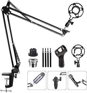 Eastshining Upgraded Adjustable Microphone Suspension Boom Scissor Arm Stand w/ Shock Mount Mic Clip Holder 3/8 to 5/8 inch Screw Adapter for Blue Yeti, Snowball & Other Microphones(stand W/ adapter)