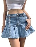 Tanming Women's Pleated Jean Skirt Casual A-Line Ruffle Y2K Mini Denim Skirt (LightBlue-XL)