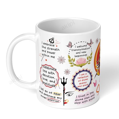 Image of Cup of Shakti Navratri Mug - 11oz Ceramic Coffee /Tea Cup with Goddess Durga Affirmations, Celebrate Feminine Energy & Inner Strength - Navratri Gift for Women, Sisters, Friends (ARM732)