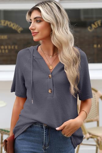 Image of Dokotoo Womens Summer Tops Waffle Knit Short Sleeve Lightweight Drawstring Hoodies Button V Neck Casual Blouses Shirts