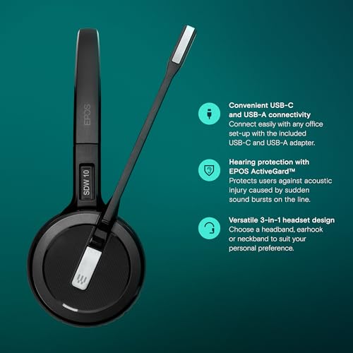Image of EPOS Impact 5000 Go MS 3-in-1 Wireless DECT Headset with USB-A Dongle, Foldable Charge Stand, Microsoft Teams Certified, Noise-Cancelling Mic, Up to 135m Range