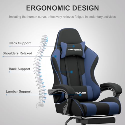 Image of GTPLAYER Gaming Chair, Computer Chair with Footrest and Lumbar Support, Height Adjustable Game Chair with 360-Swivel Seat and Headrest and for Office or Gaming (Blue, Fabric)