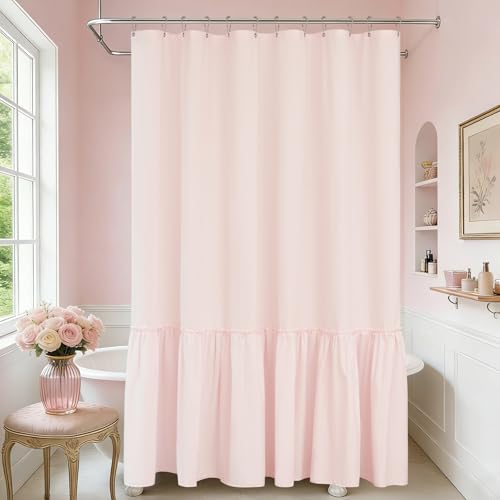 Seenus Baby Pink Ruffle Shower Curtain Fabric with Waterproof TPU Backed, 72 x 78 Inch Extra Long French Country Ruched Shower Curtain No Liner Needed, Soft Microfiber Bath Curtain Lovely Washable by Seenus - Used condition - Image 3