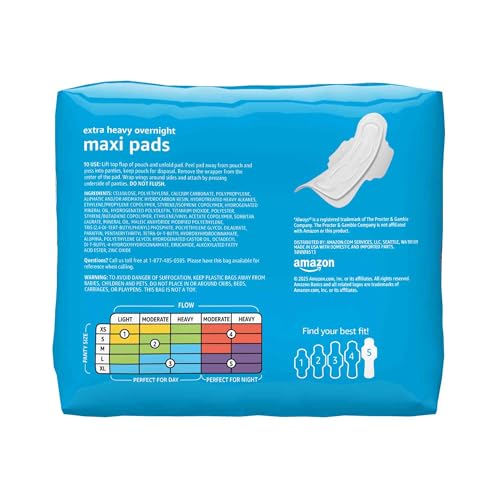 Image of Amazon Basics Thick Maxi Pads with Wings for Periods, Feminine Pads with Leakage Protection, Extra Heavy Overnight Absorbency, Unscented, Size 5, 80 Count (4 Packs of 20) (Previously Solimo)