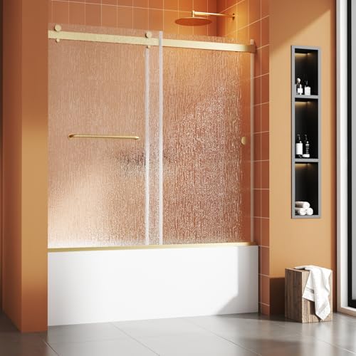 Image of Bathtub Sliding Door 60 inch W x 56 inch H, Tub Shower Door, Frameless Bypass Double Sliding Door Tempered Rain Glass with Explosion-Proof Film Brushed Gold