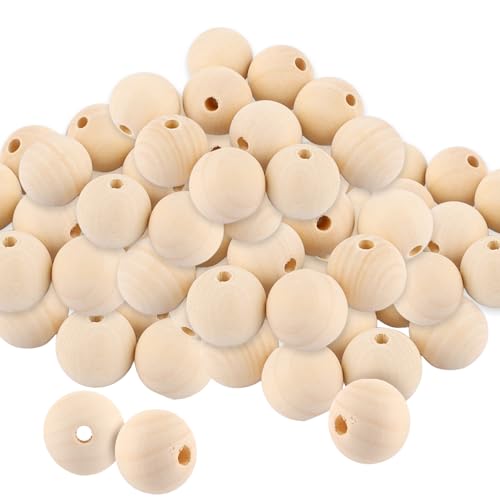 ZOFUN 100 Stück 30mm Holzperlen zum Auffädeln mit Bastelseilen Runde Holzkugeln mit Loch Unbehandelte Perlen Holz für basteln DIY Schmuck Armband Halskette Dekorationen (6 mm)