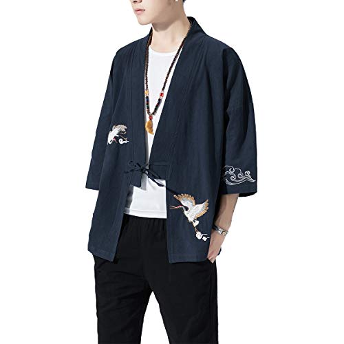 Image of PRIJOUHE Men's Kimono Jackets Cardigan Lightweight Casual Cotton Blends Linen Seven Sleeves Open Front Coat Outwear