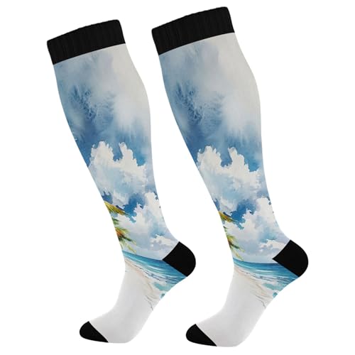 Burbuja Beach Palm Trees Compression Socks for Women Men (20-30mmHg), Knee High Socks Circulation Support for Sport Running Hiking Nurse, 1 Pair