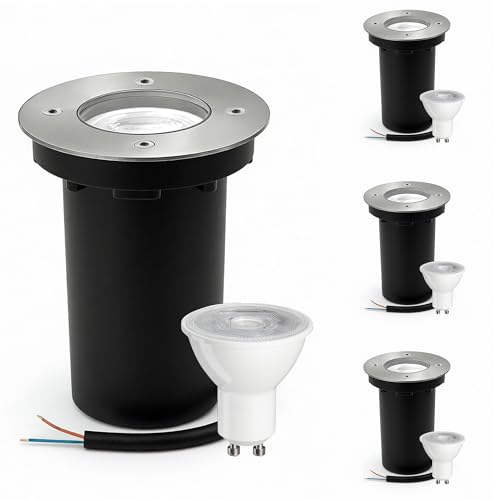 JNR 4er Set Bodenstrahler Außen GU10 IP67 Wasserdicht mit LED 5W 3000K Warmweiß, Bodeneinbaustrahler Aussen 230V Bodenleuchten Außen, Silber