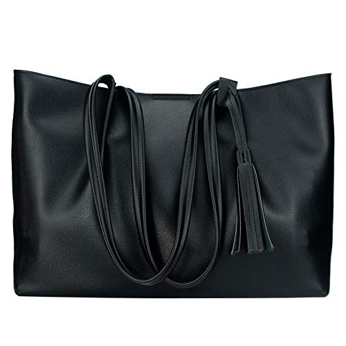 Tote Bags, S SALEIOV Soft Top Handle bag, Comfortable Satchel Handbags Synthetic Leather Tassel Shoulder Purse for Women (Black)