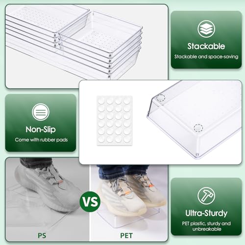 Image of Criusia Drawer Organizer Set, Acrylic Non Slip Non Cracking Kitchen Drawer Storage Tray Large Size Divider, Multifunctional Storage for Cosmetics, Bathroom, Tools, Kitchen and Office (8 PACK)