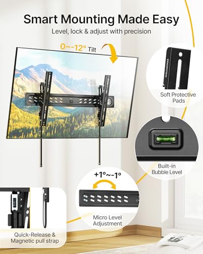Image of monTEK Ultra Slim Tilting TV Wall Mount Bracket for 43-95 inch Flat & Curved TVs, 1.2 inch Low Profile, Anti-Glare Tilt, Holds 150 lbs, Supports VESA 800x400, Fits 16 inch /18 inch /24 inch /32 inch Studs
