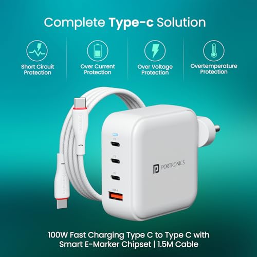 Image of Portronics 100W Adapto 100 Pro Fast Charging Four Port Adaptor with 1.5M Type C Cable, 3 Type C PD Port, 1 USB-A Mach Port, GaN Technology, Fast Charging Compatible with Laptops, Macbooks, Smartphones