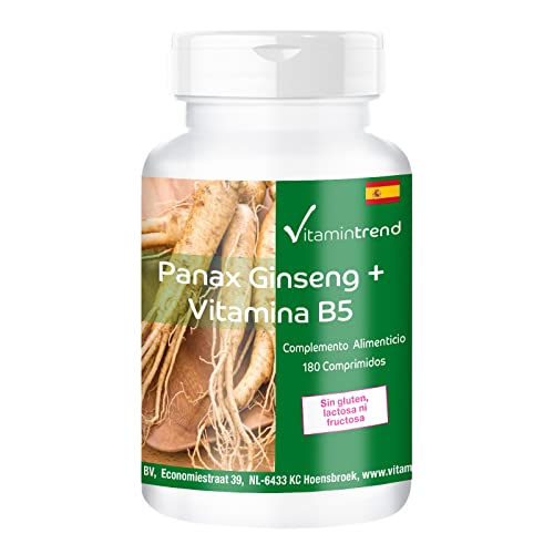 Panax Ginseng + Vitamina B5 – Ácido pantoténico 190 mg + 600 mg Ginseng Rojo Coreano por dosis diaria – 180 Comprimidos – Vegano – Alta dosis | Vitamintrend®