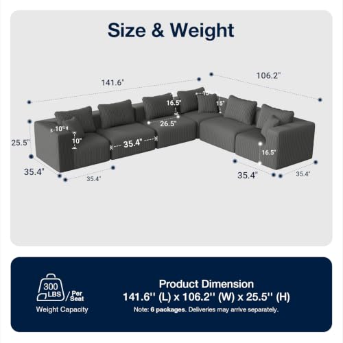Image of Avenco 141-inch L-Shaped Modular Sectional Sofa Couch, Corduroy Fabric