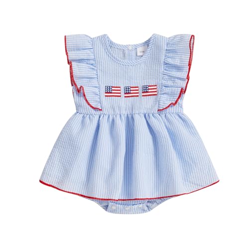 Image of Ayalinggo Baby Girl 4th of July Outfits Newborn Smocked Bubble Romper Bodysuit Ruffle American Flag Memorial Day Outfit