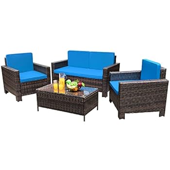 Alternative view of Greesum 4 Pieces Patio Furniture Sets, Wicker Rattan Sofa Chair with Soft Cushions and Sturdy Coffee Table, Outdoor-Indoor Use for Backyard Porch Garden Poolside Balcony, Blue and Brown